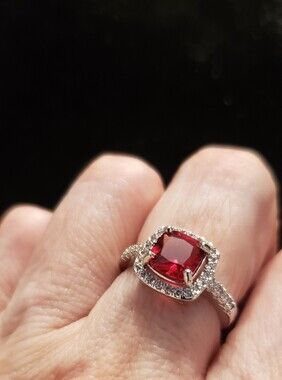 NEW Sz 6 Square Cut Ruby Halo Fashion Ring, Perfect Pink Red, Beautiful Facets.